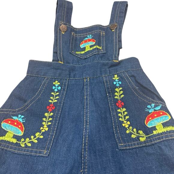 Rare Vintage 4T Girls 90s Cotton Denim Mushroom Embroidered Jumper Overall Dress - Picture 11 of 12